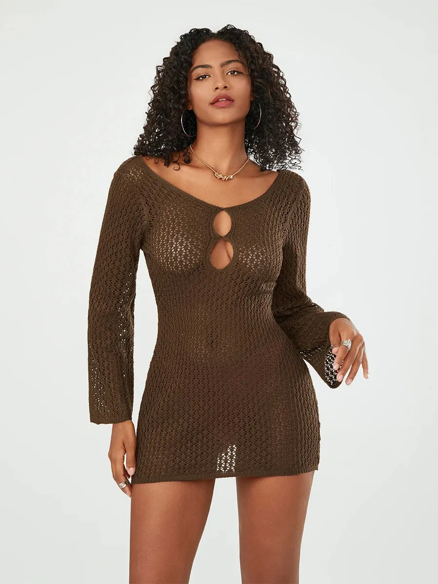 Znbbw Backless Cutout Crochet Knit Beach Mini Dress for Women Bikini Cover-ups Long Sleeve V-Neck Bodycon Short Dresses - Image 2
