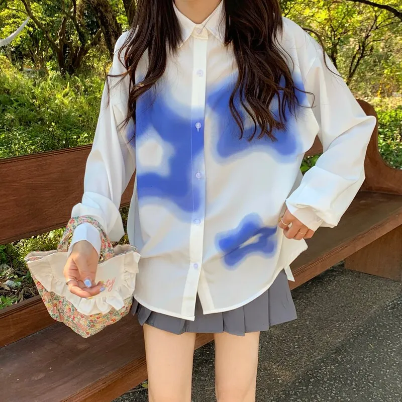 Znbbw Women's Star Printing Shirt 2023 Spring Contrast Color Long Sleeve Blouse Lapel Female All Match Clothing Top New - Image 4