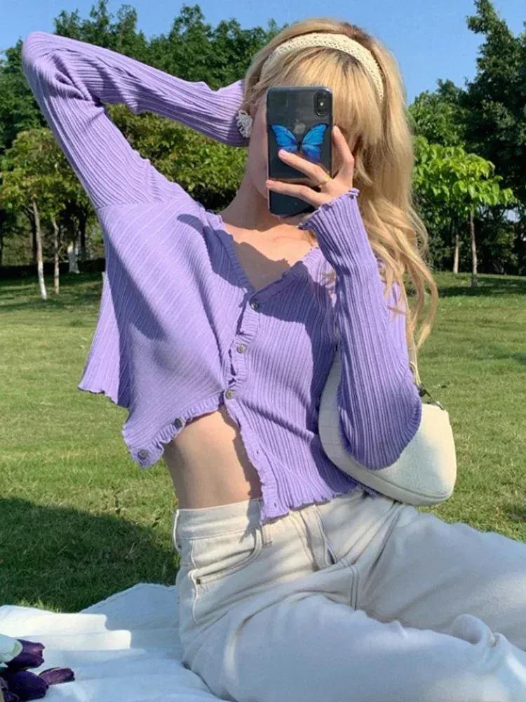 Znbbw Autumn Women's Long-Sleeved Knit Cardigan Purple Tops New Korean V-Neck Short Sunscreen Chic Sweaters GD375 - Image 9