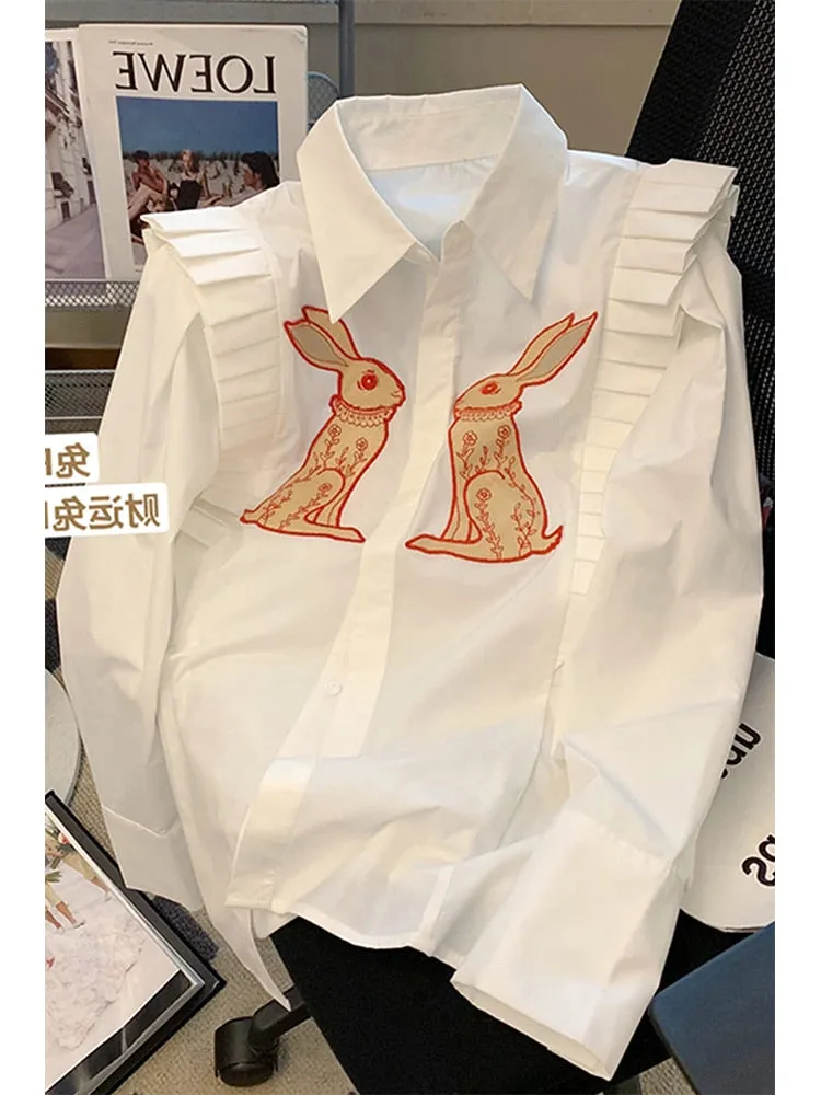 znbbw Women Vintage Rabbit Printed Shirt Single Breasted Streetwear Sweet Chic Fashion Oversized Loose Female Lovely Blouses Tops - Image 2