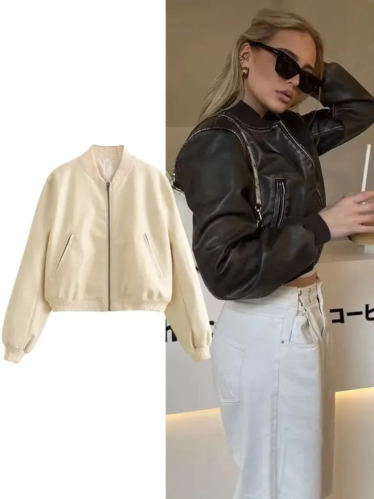 Znbbw Women's Vintage Solid Zipper PU Leather Bomber Jacket Casual Female Cropped Coat 2023 Lady Spring Autumn Jackets Street Wear - Image 4