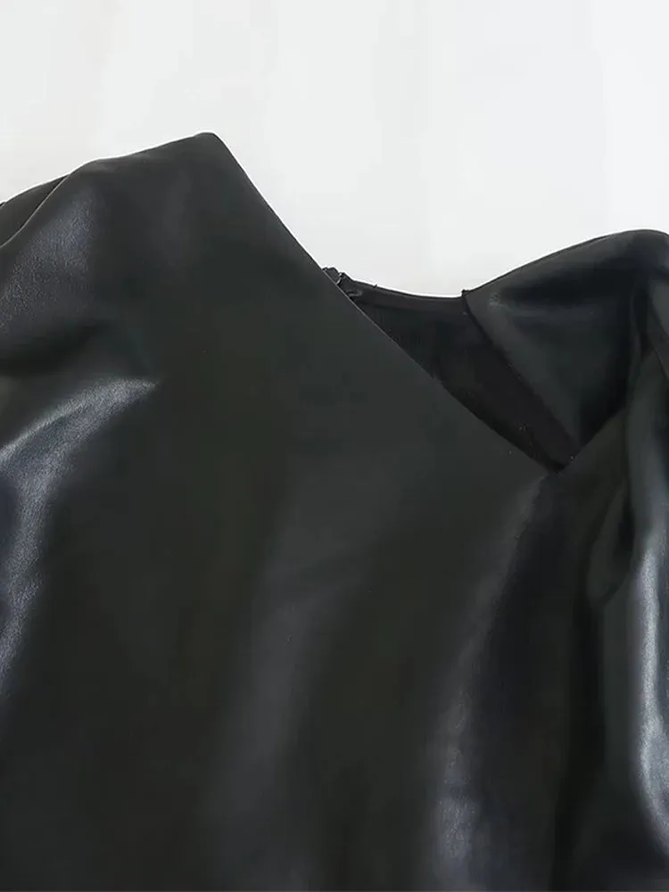 Znbbw Artificial Leather Dress Women Solid Oblique Shoulder Long Skirts Autumn Fashion Female Black Tight-fitting Dresses - Image 6