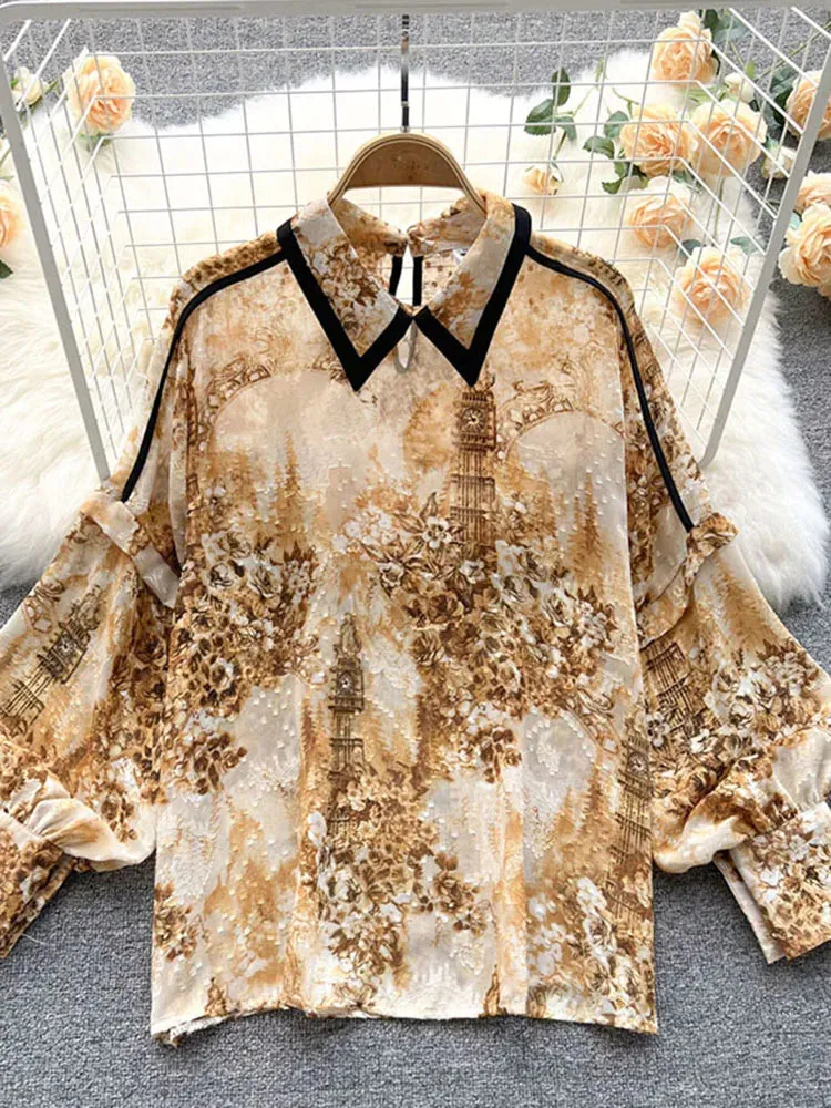 Znbbw Autumn Puff Sleeve Shirts Blouse Women Floral Long Sleeve Lapel Buttons Vintage Shirts Elegant Blouses Tops Female GD631 - Image 4