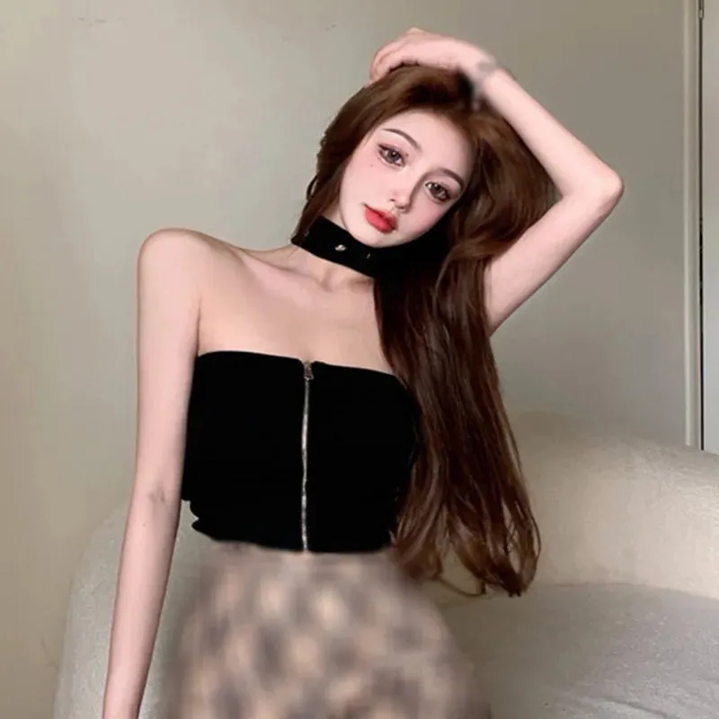 Znbbw Women's Korean Tank Top Zipper Neck Strap Bra Sexy Slim Fit Open Umbilical Top - Image 7