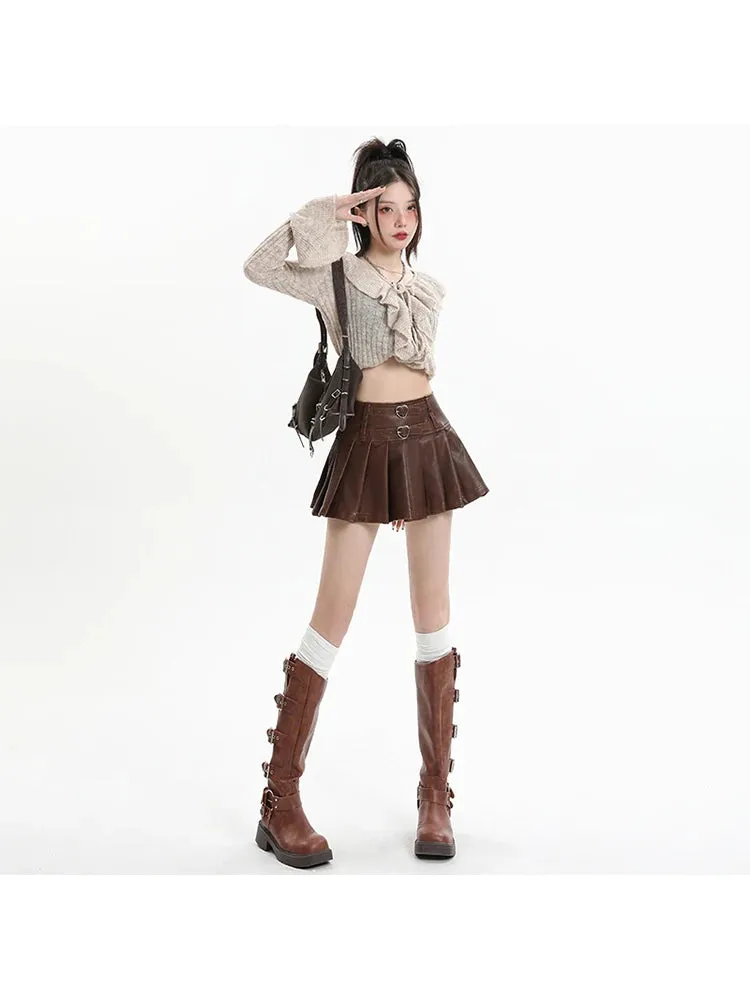 Znbbw Women's Coffee Leather Pleated Skirt Harajuku Y2k 2000s Vintage Mini Skirt 90s Aesthetic Streetwear Fashion A-Line Skirt Clothes - Image 2