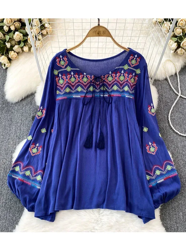 Znbbw Women Spring Embroidery Blouse Flower Vintage Ethnic Lantern Long Sleeved O-Neck Loose Cotton Linen Shirt Casual Top D5082 - Image 4