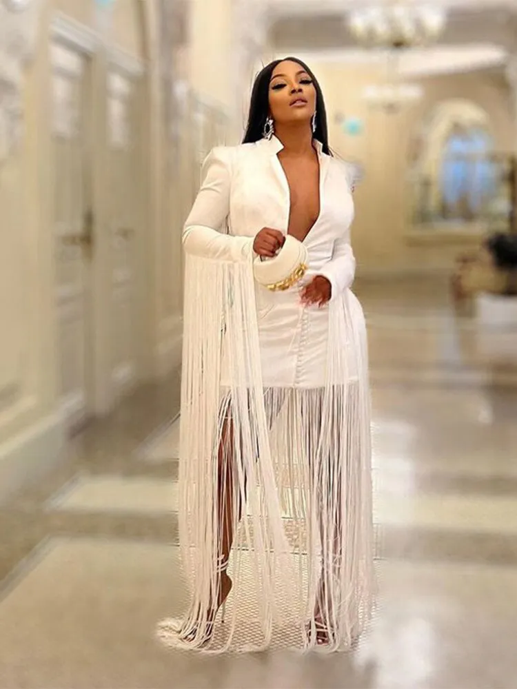 Znbbw Women White Tassel Blazer Dress Fashion Sexy V-neck Long Sleeve High Waist Dresses 2023 Autumn Female Slim Party Club Dress - Image 2