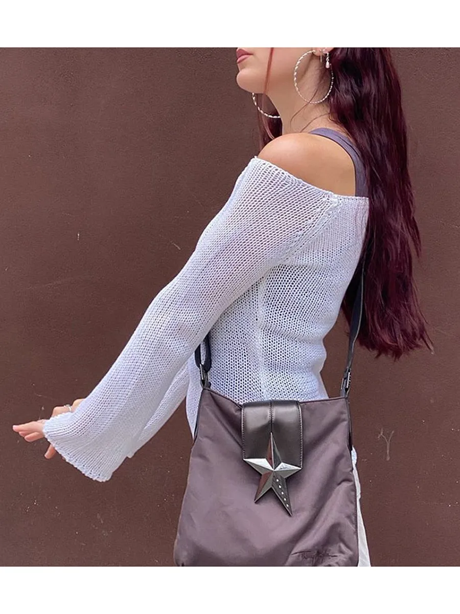 Znbbw Hollow Out Cropped Knit Smock Top Vintage Loose Vintage Crochet Pullovers Flare Sleeve Casual Fairycore Chic Cloth - Image 2