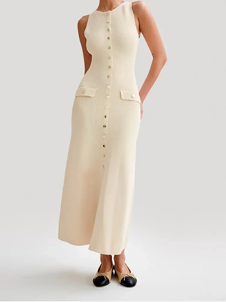 Znbbw Women New Fake Pockets Knitted Long Dress Fashion Single Button O Neck Sleeveless Slim Dresses Elegant Summer Lady Commute Wear - Image 2
