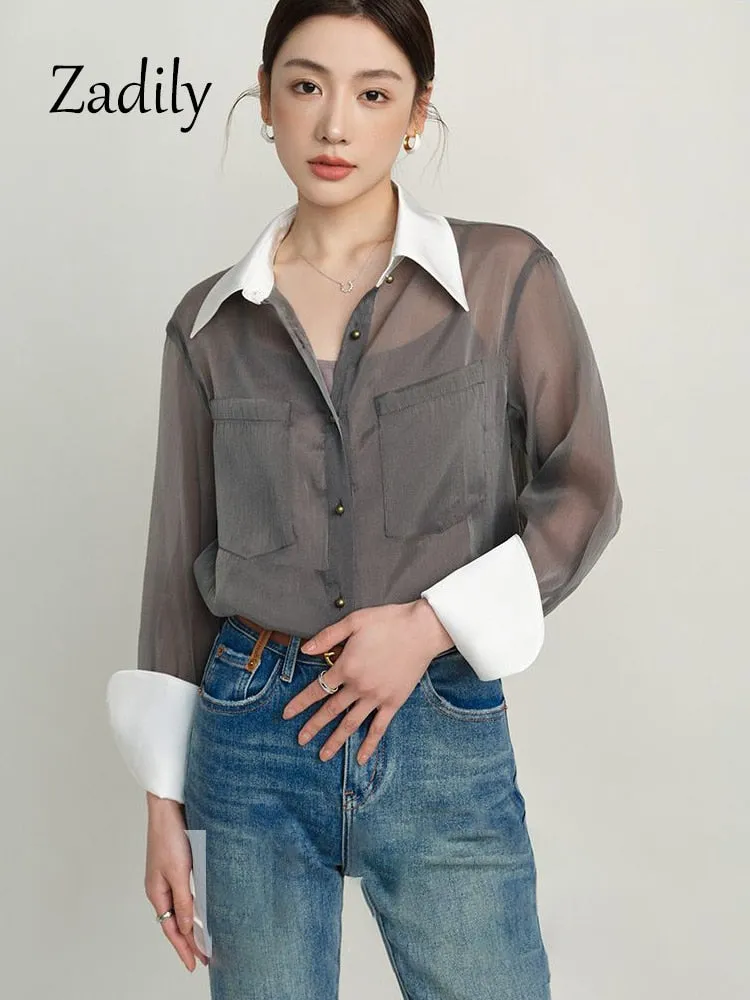 znbbw 2023 Summer Korea Style Long Sleeve Sheer Women Shirt Office Lady Loose Button Up Patchwork Woman Blouse Work Female Tops - Image 7