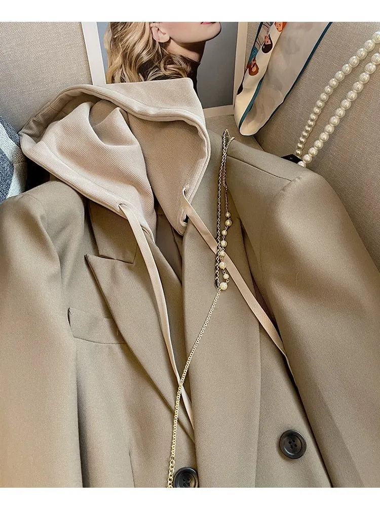 znbbw Women Khaki Double Breasted Patchwork Hooded Blazer New Fake Two Long Sleeve Loose Lace up Jacket Autumn Winter 2023 Female