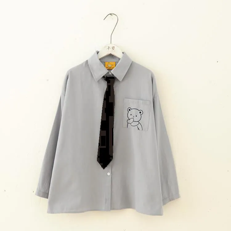 Znbbw Autumn Women Harajuku Vintage Blouse Black White Goth Streetwear Student Long Sleeve Down Collar Kpop Fashion Shirts Top - Image 5