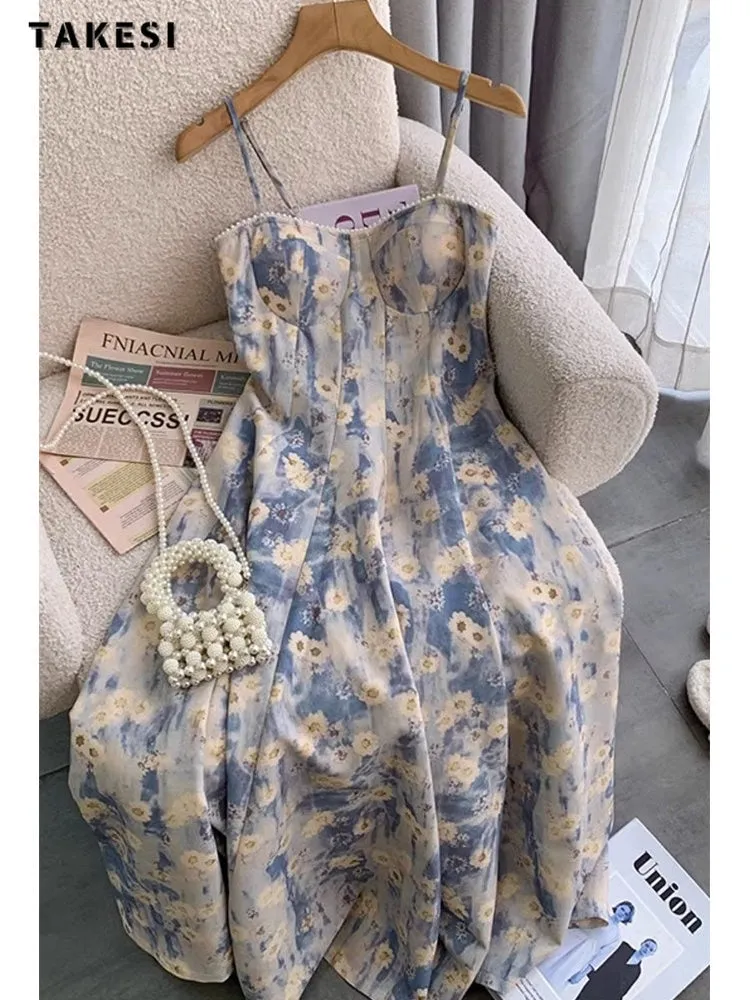 znbbw Women Sexy Backless Strapless Floral Print Loose Suspender Dresses 2023 Summer Beach Style Elegant Chiffon Party Club Dress - Image 2