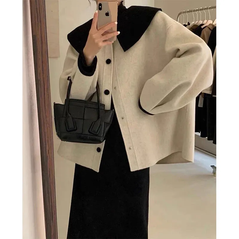 Znbbw Wool Blends Coats Women Korean Cropped Woolen Overcoat Sweet Peter Pan Collar Short Jackets Streetwear Casual Outwear - Image 4