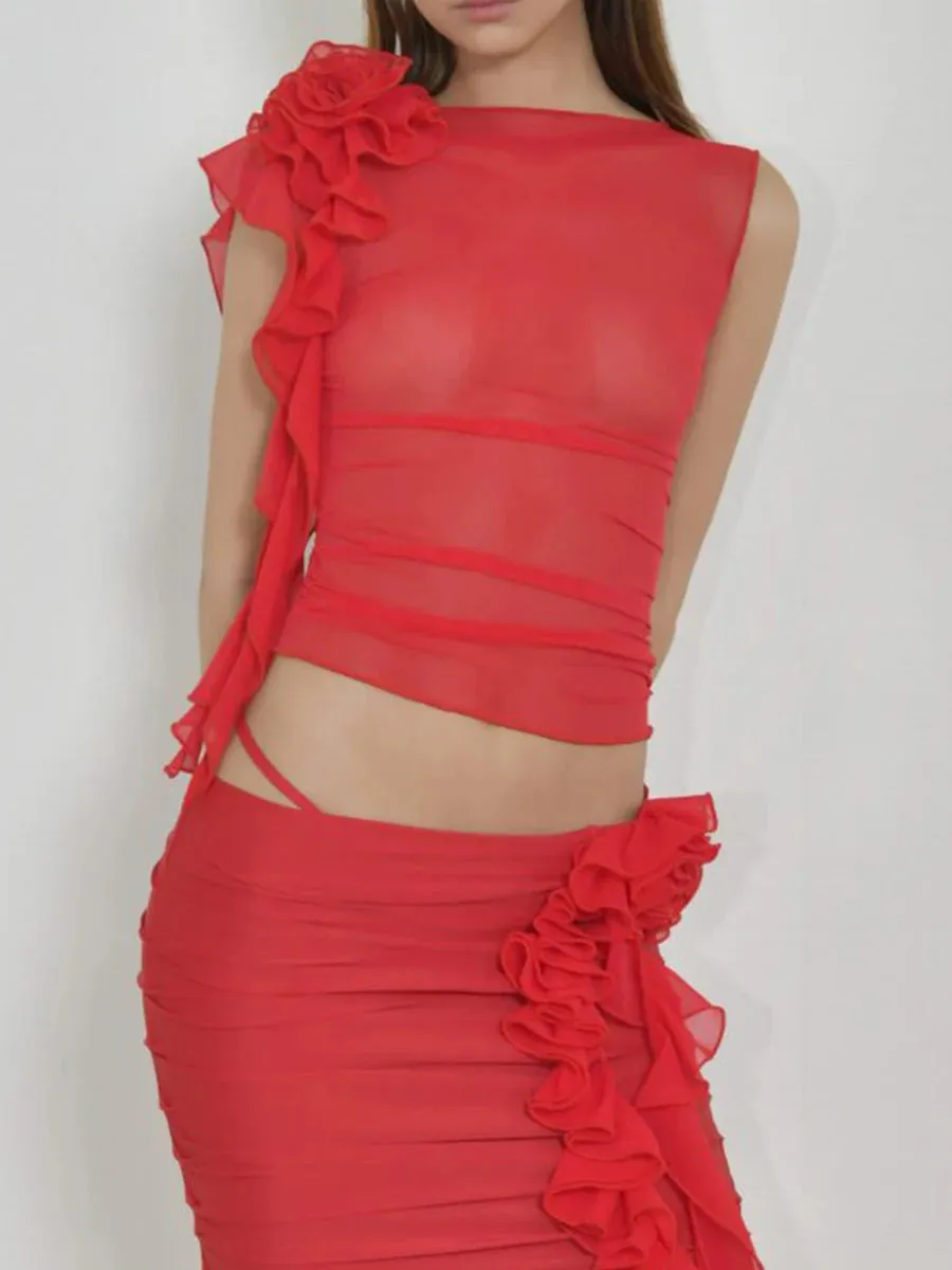 Znbbw Women Sexy Tassel Ruffle Tanks Top Y2k Sleeveless Mesh See-Through Slim Crop Cami Summer 3D Flower Sleeveless Shirt Streetwear - Image 6