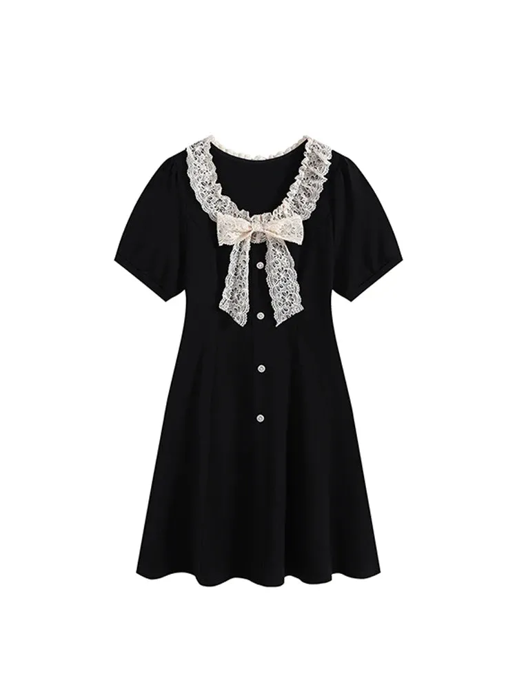 Znbbw Women Lace Patchwork Short Sleeve Black Gothic A-line Mini Dress Korean Harajuku Vintage Dress Y2k One Piece Frocks 2024 Summer - Image 5