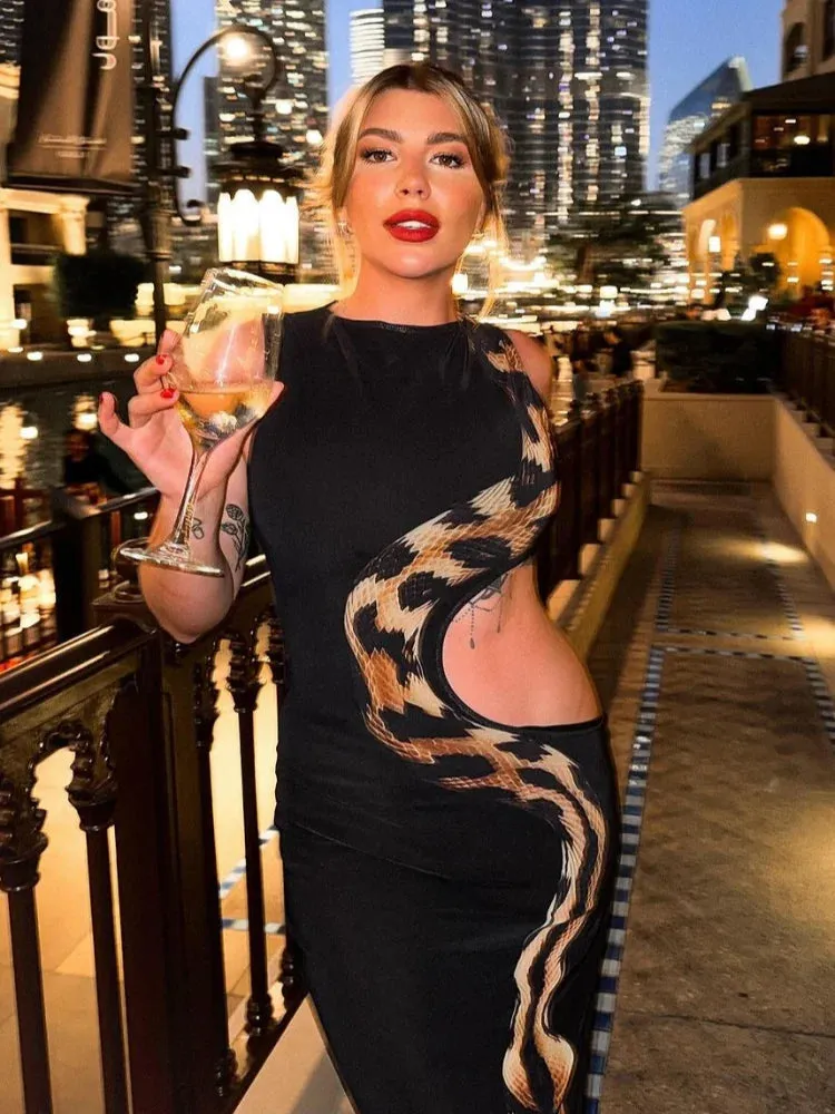 Znbbw Snake Printed Waist Hollow Out Long Dress Women Sexy O Neck Sleeveless High Split Slim Robes 2024 Lady Party Night Gowns - Image 2