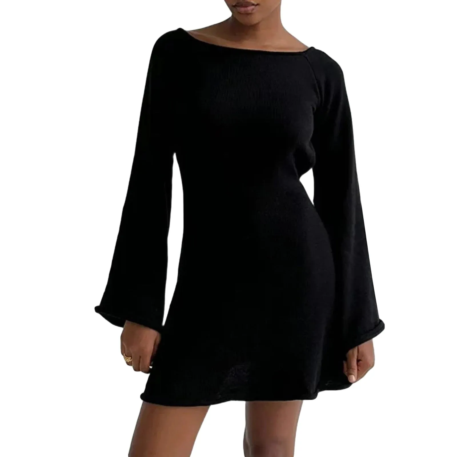 Znbbw Women Knitted Dress Casual Solid Color Backless Long Sleeve Mini Party Dress for Beach Cocktail Club Streetwear - Image 2