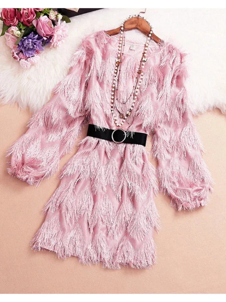 Znbbw Women's Feather Dress With Bow Belt Tassel Long Sleeve High Waist Solid Bodycon Lady Mini Dresses Woman Vestido Female LS177 - Image 3