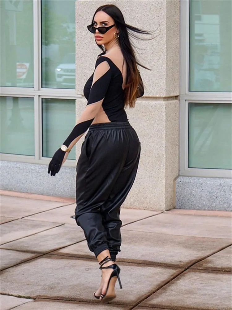 znbbw Autumn Sexy Mesh Patchwork Sheer Bodysuit Club Outfit For Women 2023 Long Sleeve O Neck See Through One Pieces Female - Image 4