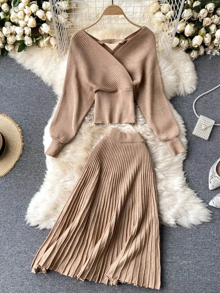 Znbbw Women Korean New Style Cross V-neck Puff Sleeve Short Waist Top + Elastic High Waist Pleated Skirt Knitting Two Piece D039 - Image 8