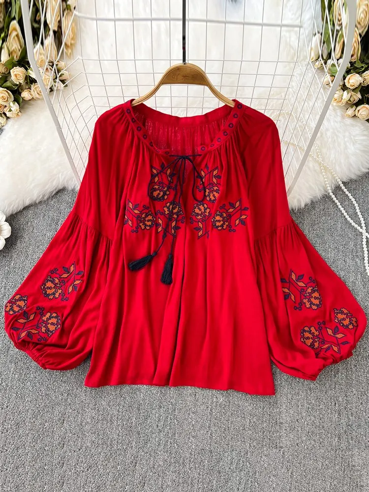 Znbbw Women's Retro Blouse National Style Embroidered Lace-Up Tassel V-Neck Lantern Sleeve Tops Loose All-Match Female Blusa G05 - Image 3