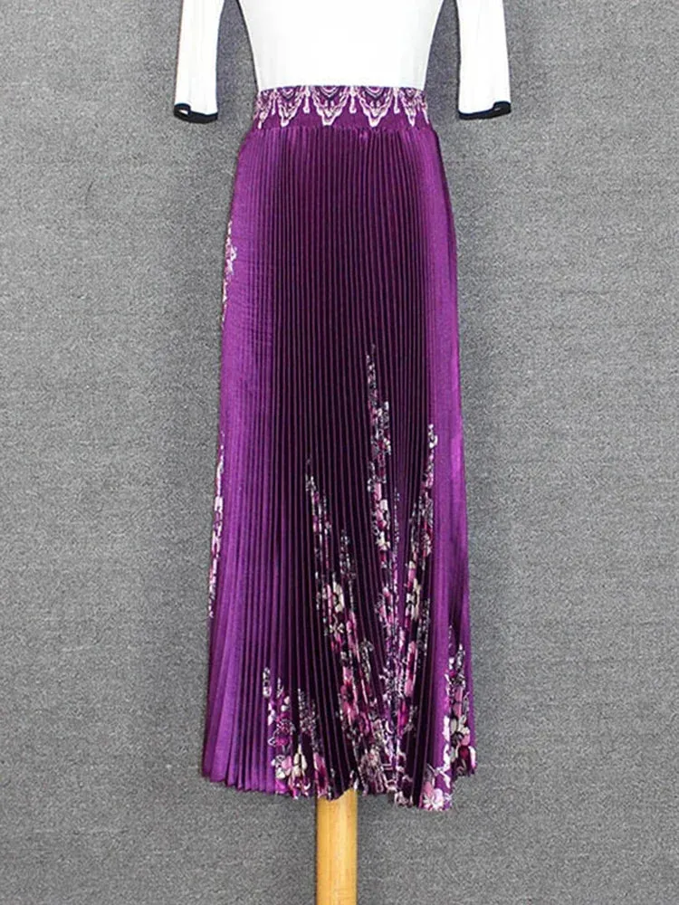 Znbbw Women's Spring Summer Glossy Print Pleated Skirt Large Size High Waist Temperament Was Thin Large Pleated Skirt WA257 - Image 5