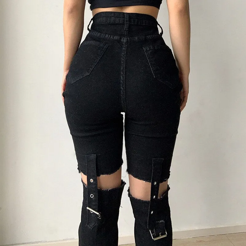Znbbw Bandage Women Baggy Jeans Low Waist Skinny Pencil Casual Vintage Y2K Aesthetic Trousers Black Streetwear Woman Jeans - Image 3