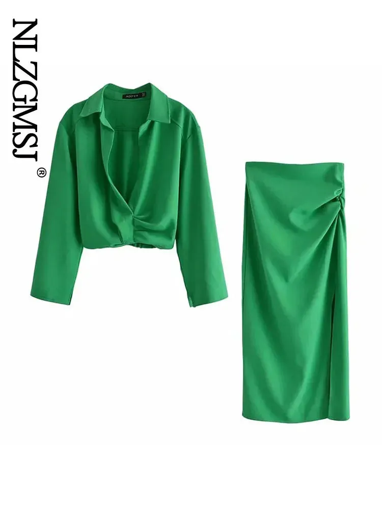 Znbbw ZBZA Skirts Womens 2023 Two Piece Set Linen Blend Cropped Women Shirt Draped Skirt Autumn Fashion Casual Dress Sets - Image 13