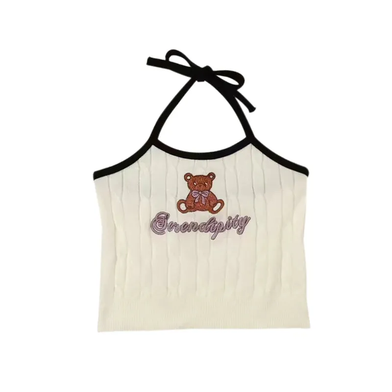 Znbbw Women's Camisole Letter Bear Embroidery Knitted Tank Top Korean Version Camisole - Image 6