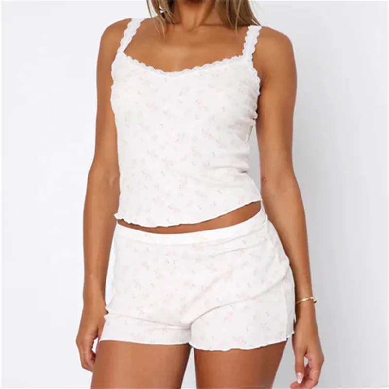 Znbbw Women Sexy 2 Piece Pajama Set Heart Print Sleeveless Lace Trim Crop Cami Top and Shorts Pj Set Y2K Sleepwear Lounge Outfits - Image 6