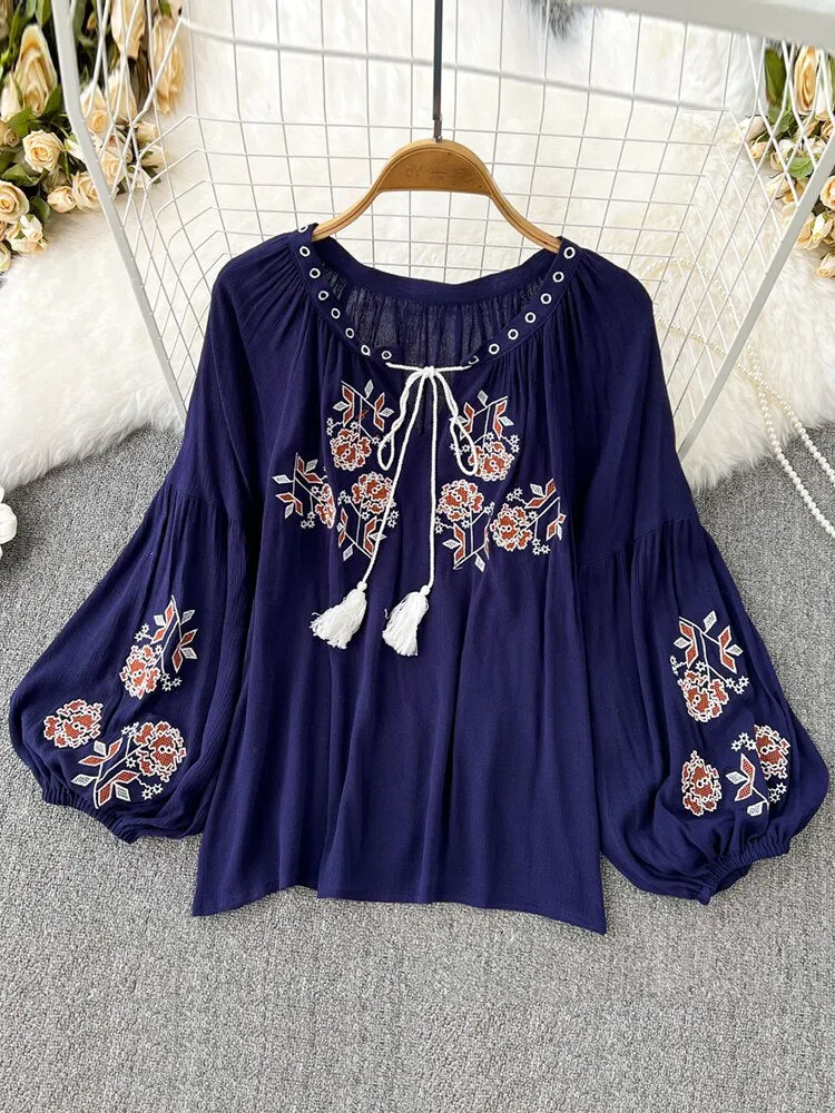 Znbbw Women's Retro Blouse National Style Embroidered Lace-Up Tassel V-Neck Lantern Sleeve Tops Loose All-Match Female Blusa G05 - Image 2