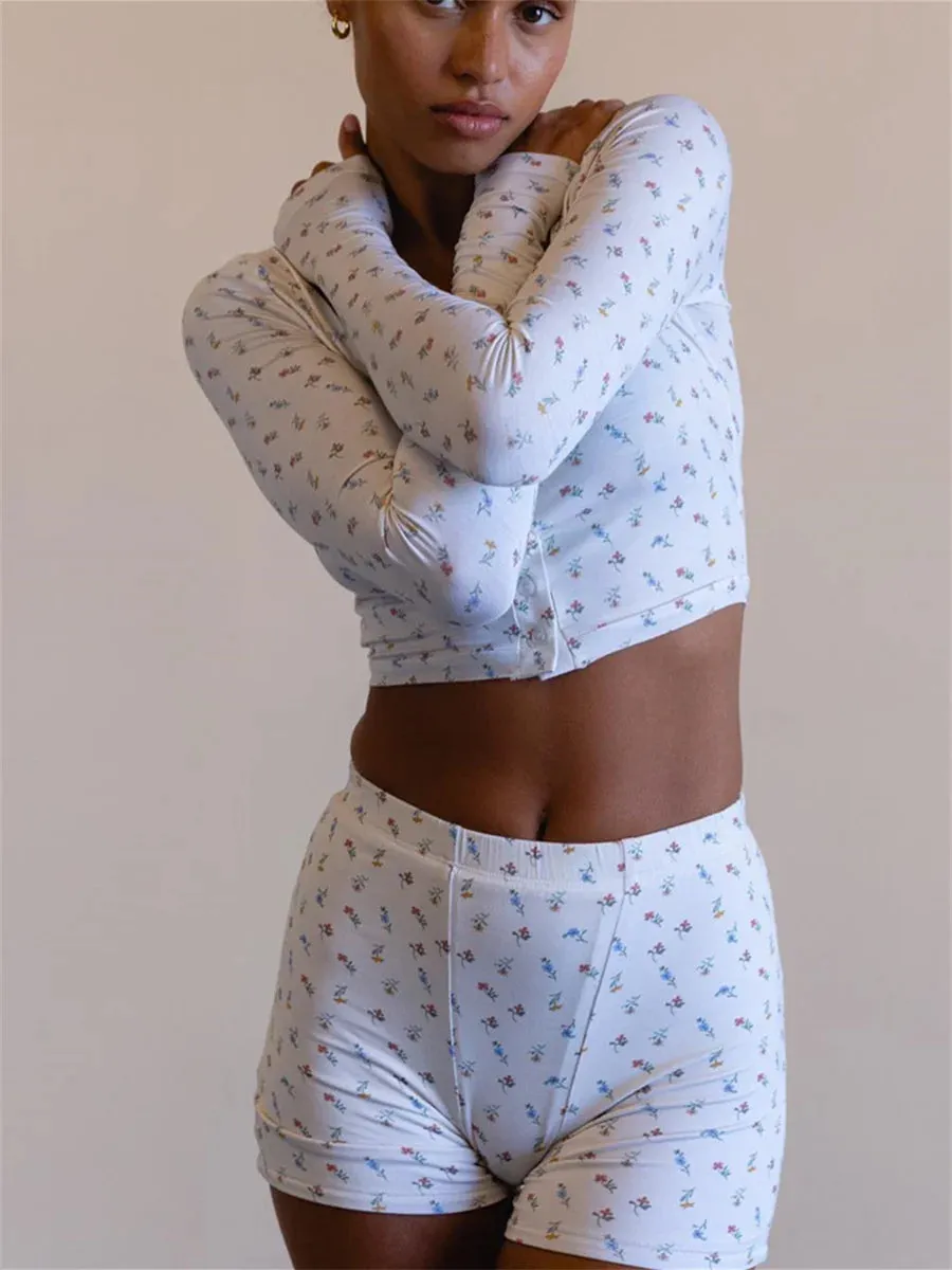 Znbbw Women's Fall Vintage Clothes 2Pcs Outfits Flower Print Short Sleeve Button Tops + High Waist Shorts Set 2023 Autumn Pajamas Sets - Image 2