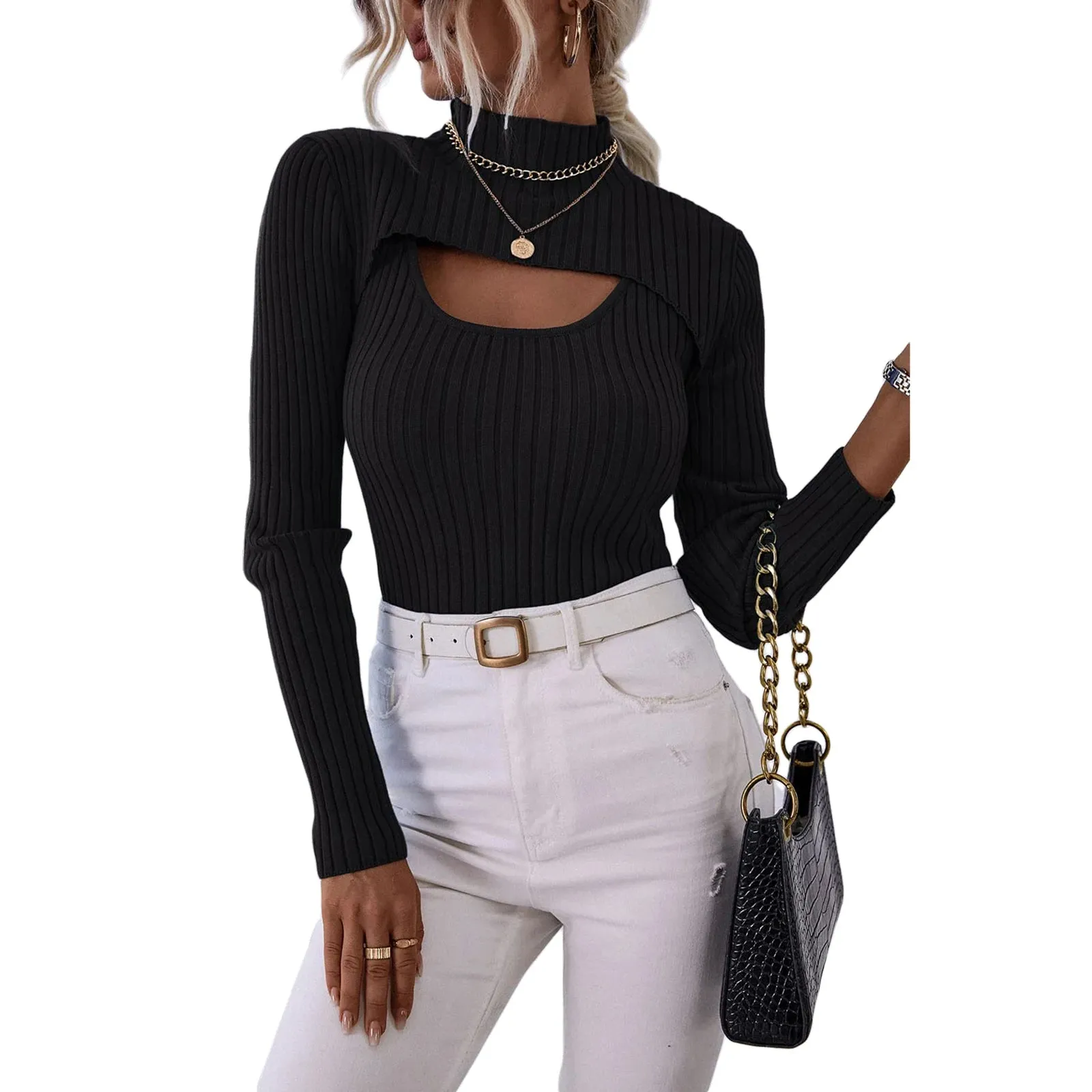 Znbbw Women's Spring Autumn Outfit Sets Solid Color High Neck Long Sleeve Short Knitwear Ribbed Sling Vest Shirt 2pcs Knitted Clothes - Image 8