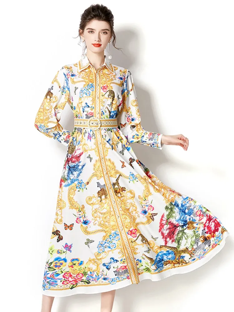 Znbbw Vintage Shirt Dress Women's Lantern Sleeve Single Breasted Belted Baroque Gold Flower Print Office Lady Work Wear Dress - Image 2