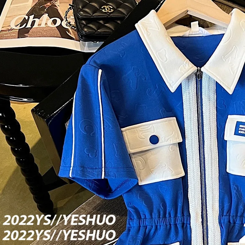 znbbw Women's Korean Elegant Klein Blue Short Sleeve Turndown Collar Midi Dress Sweet Preppy Style Golf Tennis Dress Female Junpsuits - Image 5