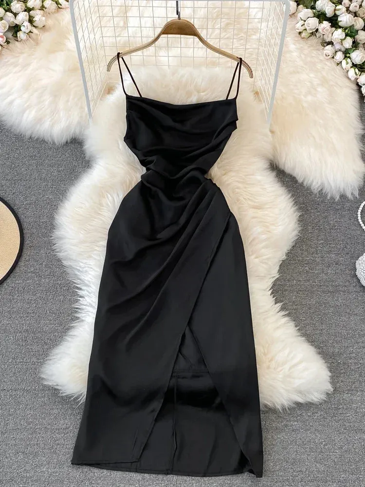 Znbbw Women Summer Dress Vintage High-waisted Slim Suspender Pleated Sleeveless Backless A-line Dress Elegant Split Dress D3196 - Image 6