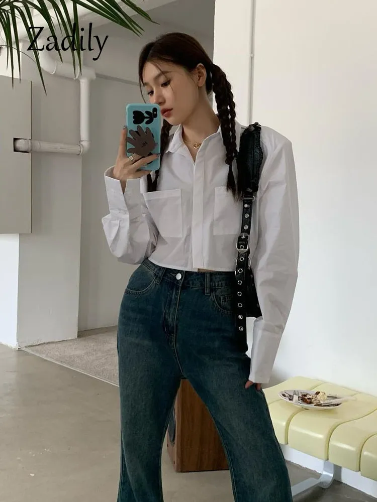 znbbw 2023 Spring Minimalist Long Sleeve Women White Shirt Y2K Shoulder Pad Button Loose Woman Crop Top Blouse Female Clothing - Image 6