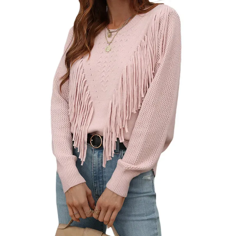 Znbbw Women Sweaters Tassels Autumn 2023 Solid Color Knitwear Long Sleeve Round Neck Fringe Decoration Hole Cutout Loose Sweater Tops - Image 5