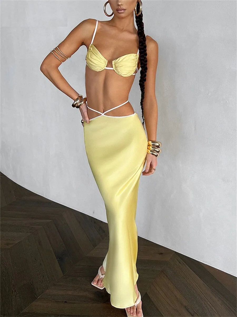 Znbbw Women Two-Piece Satin Skirt Suits Summer Sexy Backless Tie-Up Sling Camisole Low Waist Hollow Out Long Bodycon Skirt Set - Image 3