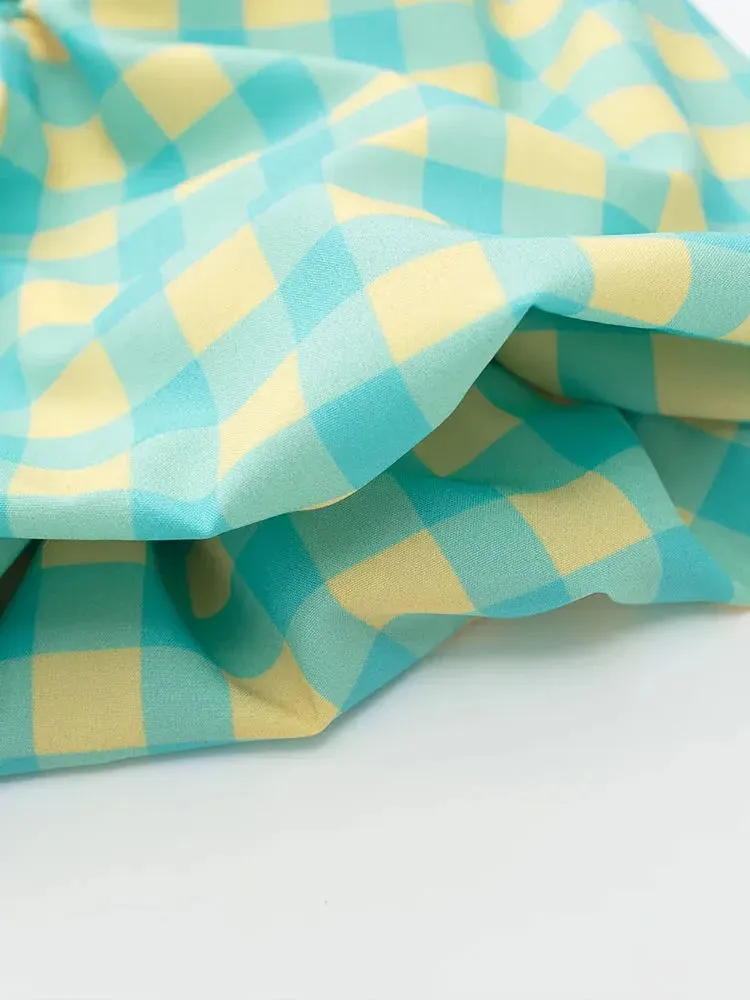 Znbbw ZBZA 2023 Plaid Print Ruffle Lace Up Square Neck Checked Dress Short Sleeve Tie Up Strap Gingham Midi Dress Women 202305 - Image 5