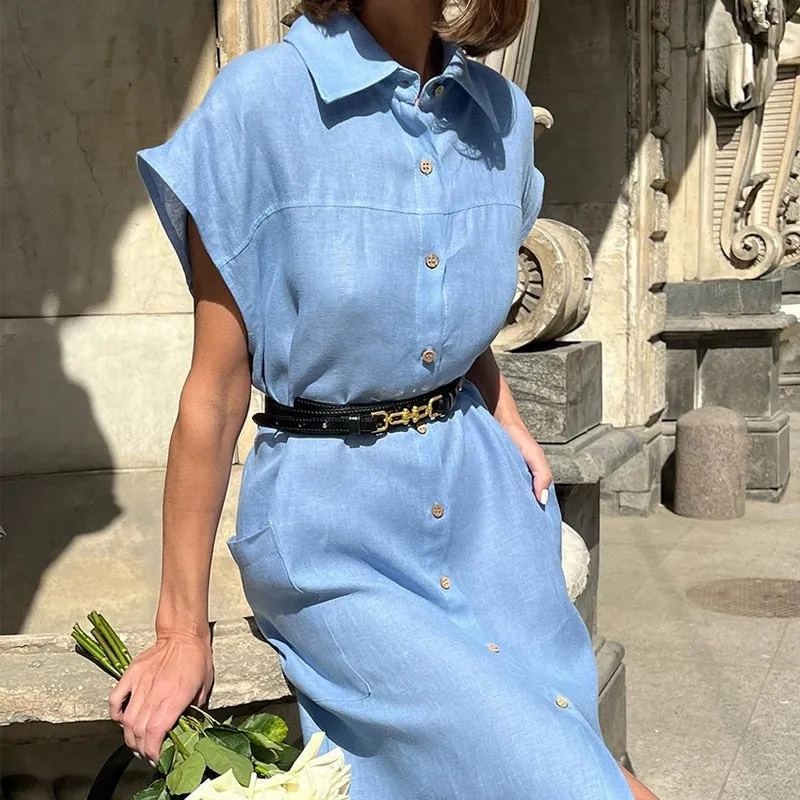 znbbw Women Lapel Single-Breasted Dress Spring Summer New Commute Holiday Cotton Linen Dress Temperament Elegant High Waist Long Dress - Image 6