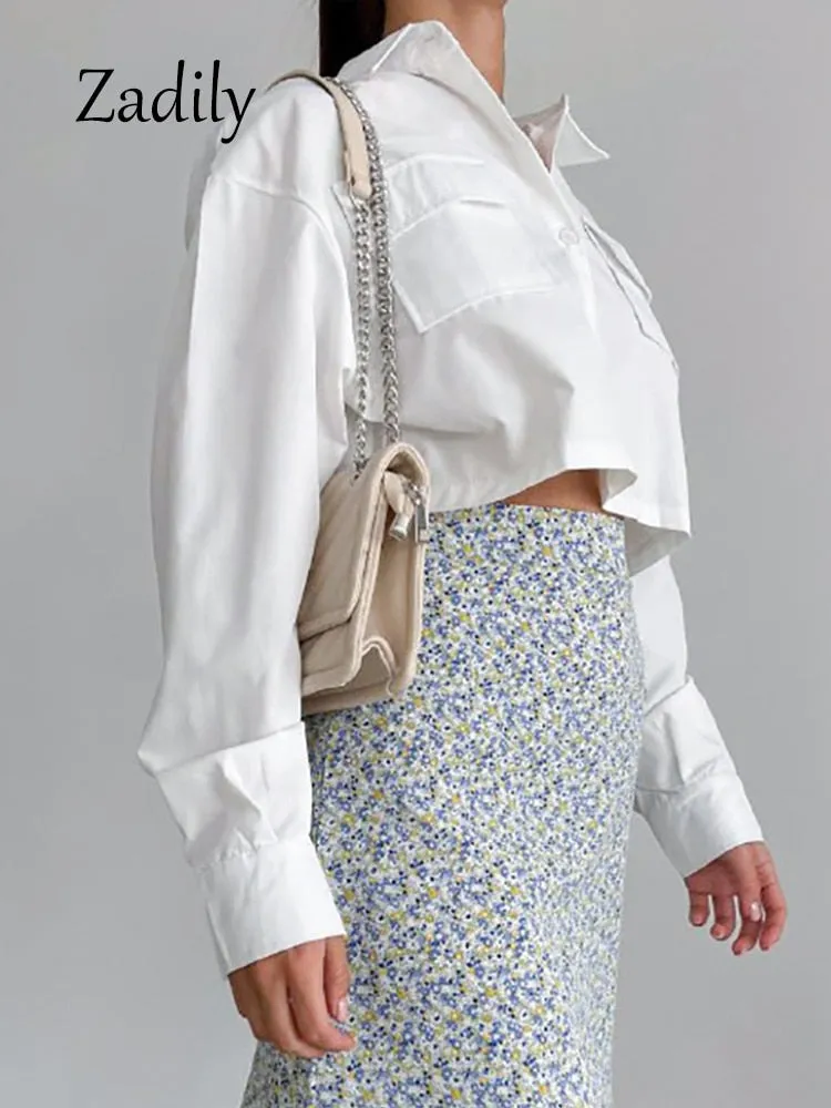 znbbw 2023 Spring Minimalist Long Sleeve Women Whiter Shirt Sexy Pocket Button Up Woman Crop Tops Blouse Summer Female Clothing - Image 3