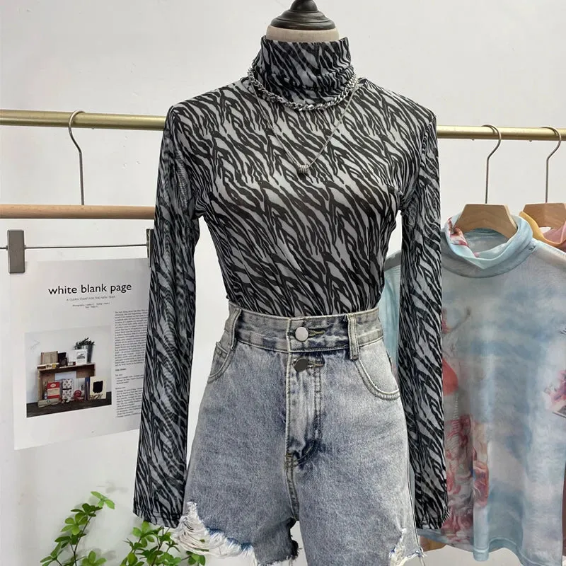 Znbbw Autumn Single-Layer Mesh Base T Shirt Girls Printed Full Sleeve Turtleneck Tees Slim Women See Through Tshirts - Image 4