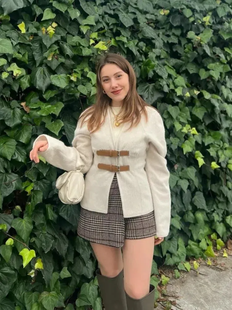 Znbbw Woolen V-neck Jacket Women 2024 Spring Summer Solid Temperament Slim Long Sleeve Buckle Coats Elegant Lady Office Overcoat - Image 4