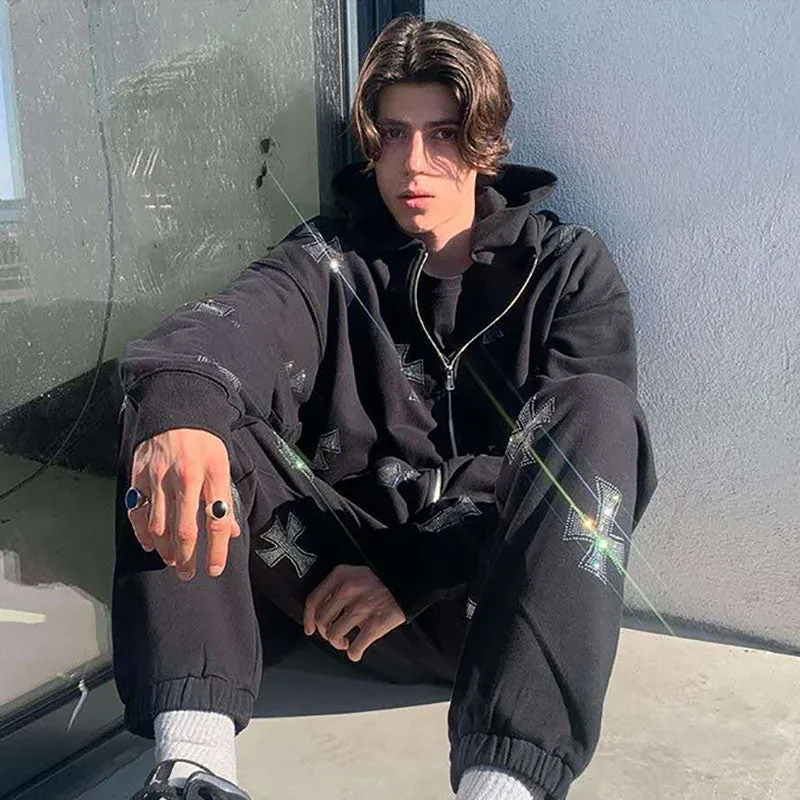 Znbbw Hop Joggers Sweatshirt 2023 Men Korean Fashion Punk Sport Coat Pullover Rhinestone Gothic Long Sleeve Zip Hoodies Y2k Jacket - Image 2