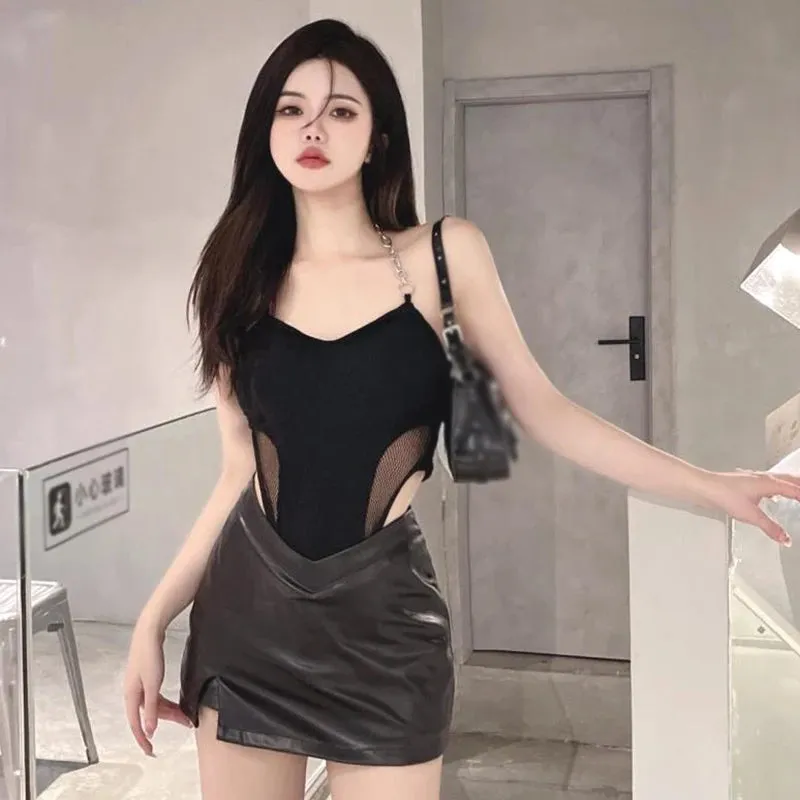 Znbbw Women's Bodysuit American Retro Chain Gauze Splicing Slim Sexy Long Sleeves Basic Jumpsuit Top - Image 4