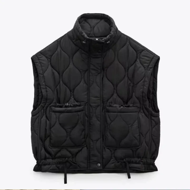 Znbbw All-match Patch Checkered Vest Women Pocket Stand Collar Sleeveless Clothing Female Single Breasted Lace Up Tops Lady - Image 2