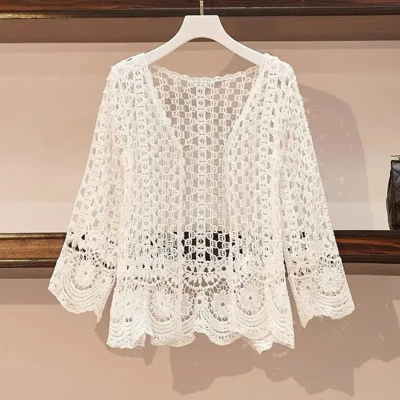 Znbbw and Autumn Women's Net Yarn Korean Temperament Casual New Cardigan Long Sleeve Lace Short Western Style All-match Top - Image 2