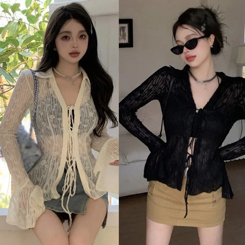 Znbbw Women's top Waist up Slim fitting Women's coat Air-conditioned shirt Sunscreen Cardigan Lace Lace up T-shirt - Image 6